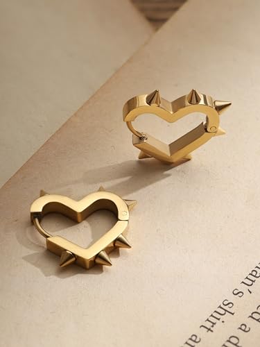 Huggie Hoop Spike Heart Earrings, Gothic Punk Grunge Emo Y2k Earrings, Goth Jewelry, Christmas Jewelry Gift For Women - color: gold