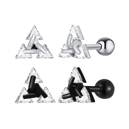 Unisex Geometric Triangle Stud Earrings, Stainless Steel Minimalist Cubic Zirconia Pierced Post Earrings for Men Women - style: Three Zircons-Black&Sliver