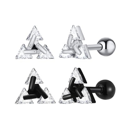 Unisex Geometric Triangle Stud Earrings, Stainless Steel Minimalist Cubic Zirconia Pierced Post Earrings for Men Women - style: Three Zircons-Black&Sliver