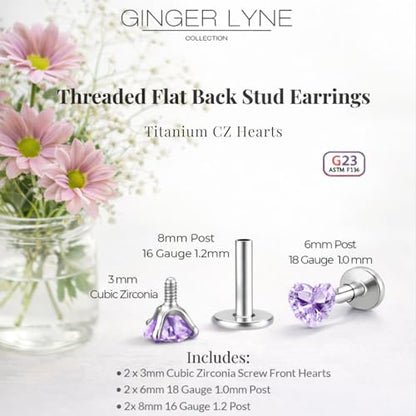 Titanium Heart CZ Labret Stud Earrings for Piercings by Ginger Lyne 6Pc Set G23 Screw Front Flat Back Body Jewelry 2 pair post 6mm, 8mm Cartilage, Helix, Tragus, Lip, Conch, Lobe - color: 3mm-LtPurple