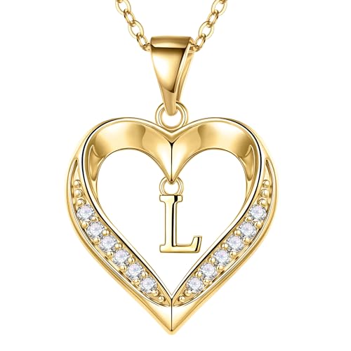 Turandoss Heart Initial Necklaces for Women - Dainty 14K Gold Plated CZ Heart Pendant Necklace with Tiny Letter A-Z, Non Tarnish Waterproof Trendy Jewelry Gifts for Mom Wife Girlfriend - color: Gold, style: L