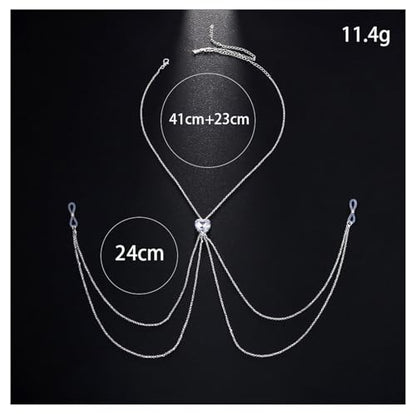 Crystal Heart Non Piercing Nipple Chain Layered Tassel Chest Chain Jewelry Festival Nipple Accessory Jewelry for Women - color: Silver