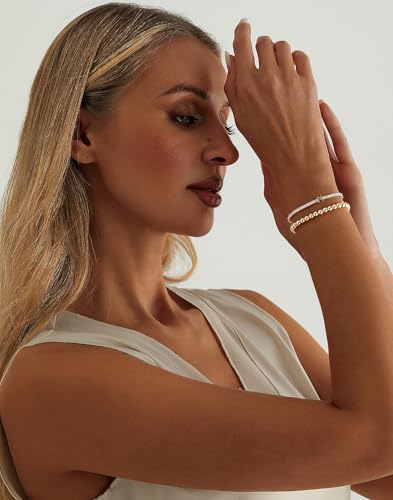 14K Gold Plated Bracelets for Women Dainty Tennis Initial Bracelet Trendy Beaded Stackable Charm Bracelets Layered Waterproof Bracelet Dainty Bracelet for Women Jewelry Gifts - style: N