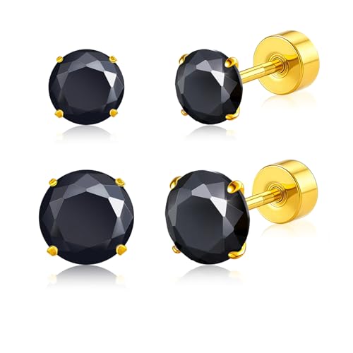 20G G23 Implant Grade Titanium Flat Back Stud Earrings for Women Men, Gold/White Gold Plated Tragus Labret Cartilage Helix F136 Piercing Jewelry for Sensitive Ears, with 4-6mm Cubic Zirconia - color: 2Pairs-20G-Golden-Black-Stud Earring Sets