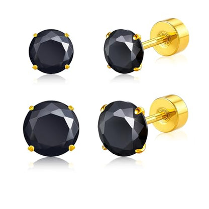 20G G23 Implant Grade Titanium Flat Back Stud Earrings for Women Men, Gold/White Gold Plated Tragus Labret Cartilage Helix F136 Piercing Jewelry for Sensitive Ears, with 4-6mm Cubic Zirconia - color: 2Pairs-20G-Golden-Black-Stud Earring Sets