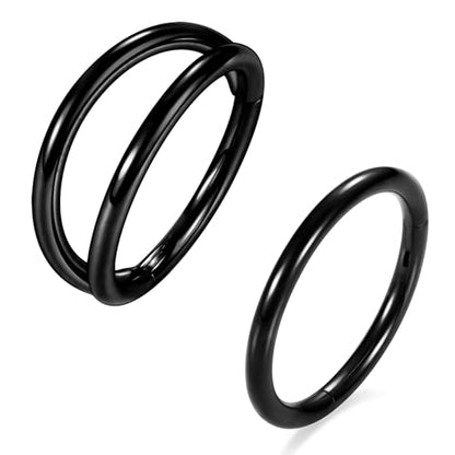 GAGABODY 2 Pcs Nose Rings 22G 20G 18G 16G 14G 12G 10G 8G Surgical Steel Piercing Rings for Nose Septum Cartilage Helix Tragus Conch Rook Daith Lobe from 5mm to 16mm Seamless Hoop Unisex Hinged Earrings - color: Black-Single&Double Hoop