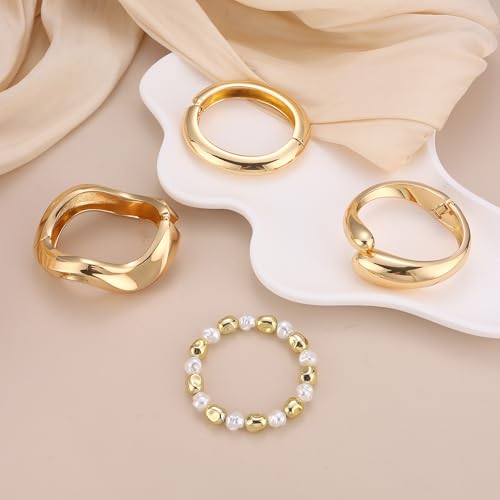 MOZAKA 4PCS Chunky Gold Bangle Bracelets for Women | Trendy Wide Wrist Cuff Bracelets Stack Statement Bangle Fashion Jewelry Gift - color: gold
