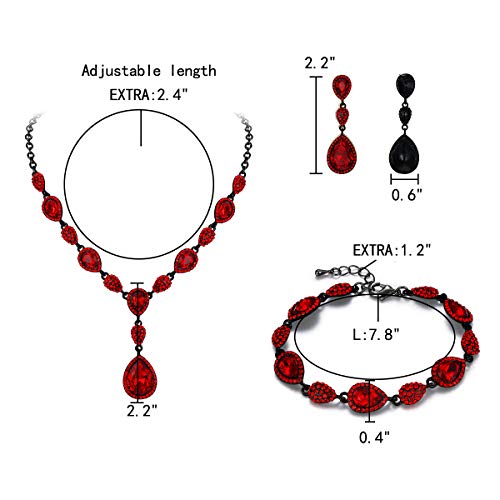 EleQueen Women's Wedding Bridal Jewelry Sets for Brides Bridesmaids, Cubic Zirconia Teardrop Necklace Tennis Bracelet Dangle Earrings Jewellery Set - color: 01-Ruby Color Black-Tone