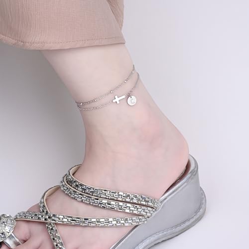Gold Cross Ankle Bracelets for Women | Anklets for Women Waterproof with Initial Charm (A-Z) | Non Tarnish Summer Beach Jewelry Gifts for Her - color: Silver C