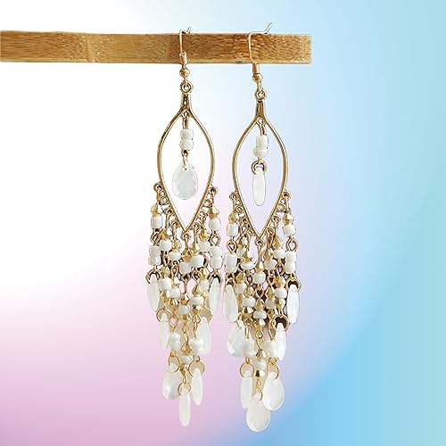 Essencedelight Crystal Beaded Tassel Earring Long Beaded Dangle Earring Fringe Hook Earring for Women Bridal Wedding - color: White