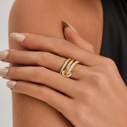 Cicy Bell Interlocking Ring for Women 18k Gold Plated CZ Stack Ring Set - color: Style D-Gold, size: 7