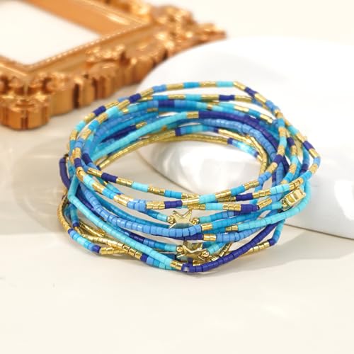 Gold Beaded Bracelets Stack for Women Stocking Stuffers 12PCS Boho Gold Plated Seed Beads Bracelet Stretch Star Stackable Accessories Jewelry Friendship Fall Christmas Gifts for Women - color: Blue