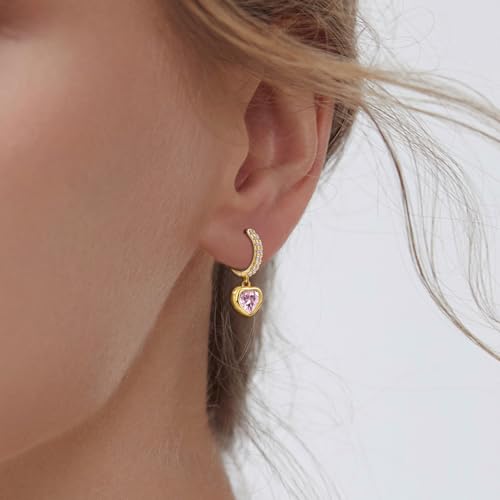 Heart Hoop Earrings with Dangle Sterling Silver Love Heart-Shaped Loop Earrings for Women Hypoallergenic Sparkle Birthstone Cubic Zirconia Hoop Earring with Dangling Charms Dainty Fashion Jewelry Gift - color: Gold-Pink
