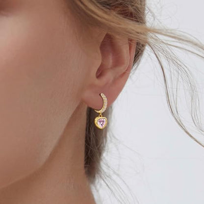 Heart Hoop Earrings with Dangle Sterling Silver Love Heart-Shaped Loop Earrings for Women Hypoallergenic Sparkle Birthstone Cubic Zirconia Hoop Earring with Dangling Charms Dainty Fashion Jewelry Gift - color: Gold-Pink