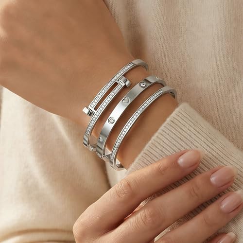 Camhanno Stackable Silver Bracelets for Women Stainless Steel Love & Friendship Bangle, Mothers Day Valentines Birthday Christmas Jewelry Gifts for Mom Her Wife Grandma - style: Style 15
