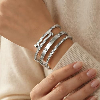 Camhanno Stackable Silver Bracelets for Women Stainless Steel Love & Friendship Bangle, Mothers Day Valentines Birthday Christmas Jewelry Gifts for Mom Her Wife Grandma - style: Style 15