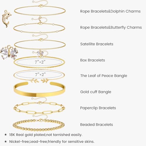 18K Gold Plated Cuff Bangle Bracelets for Women Waterproof, Gold Bracelets Stack Set, Satellite/Paperclip/Beaded/Box/Rope Butterfly&Dolphin Charms, The Leaf of Peace and Gold Cuff Bangle