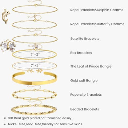 18K Gold Plated Cuff Bangle Bracelets for Women Waterproof, Gold Bracelets Stack Set, Satellite/Paperclip/Beaded/Box/Rope Butterfly&Dolphin Charms, The Leaf of Peace and Gold Cuff Bangle
