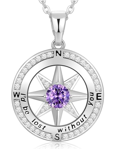 Peeshow Compass Birthstone Necklace for Women Wife, S925 Sterling Silver Gift for Wife Wedding Anniversary Birthday Gifts for Women Jewelry for Her Girlfriend I'd be Lost without You - style: 02-Feb-Amethyst