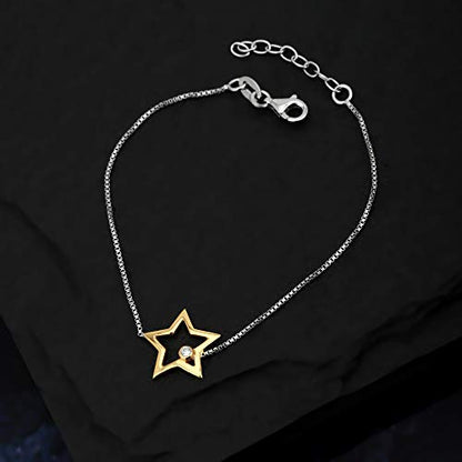 Vanbelle Sterling Silver Star Bracelet with Cubic Zirconia Stones - Celestial Theme - 6.5" Long + 1" Extender