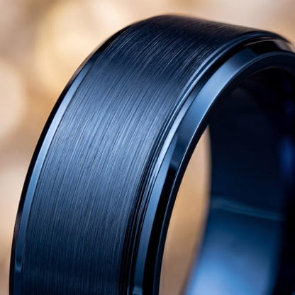 Tungsten Wedding Band Ring Black 10mm Men Women Comfort Fit 18k Rose Gold Step Edge Brushed Polished - color: Blue Tungsten