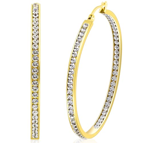 2 Inch Earrings for Women, Large Hoop Earrings for Women Rhinestone Crystal Stainless Steel Earrings - color: Gold