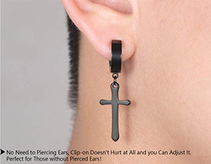 Non-pierced Earrings Set for Men Women Cross Titanium Steel Hoop Dangle Clip On Earring - style: set of black 2