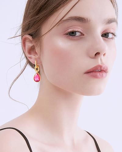 Crystals Teardrop Dangle Drop Earrings, 18K Gold Plated Hoop Earrings Zirconia Jewelry for Women Gifts - color: Rose Red-Long