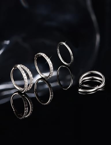 Dochais 4PCS 18G Nose Rings Hoops, Surgical Steel Earrings Tragus Septum Piercing CZ Clicker Ring, Hinged Segment Conch Lip Cartilage Double Hoops 8mm 10mm for Women Men - color: Silver, size: 20G(0.8mm),8mm