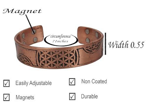 Touchstone magnetic copper bracelets for men women in gift box, engraved | 100% pure solid real adjustable bangle bracelet cuff jewelry; 12X ultra strength with 3500 gauss neodymium magnets; - style: Marvelous Motifs