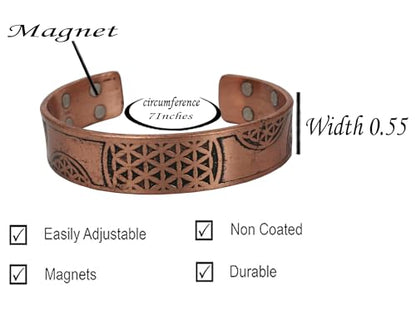 Touchstone magnetic copper bracelets for men women in gift box, engraved | 100% pure solid real adjustable bangle bracelet cuff jewelry; 12X ultra strength with 3500 gauss neodymium magnets; - style: Marvelous Motifs