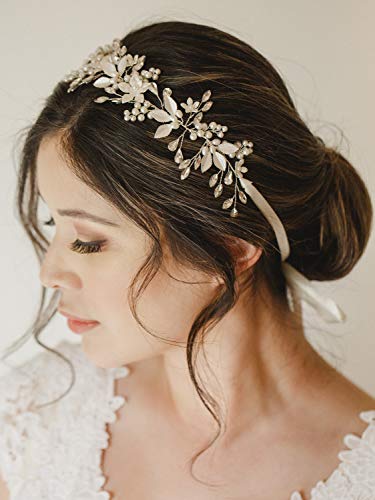 SWEETV Handmade Rhinestone Wedding Headband Flower-Leaf Bridal Headpieces for Wedding Pearl Hair Accessories (Silver) - color: Silver