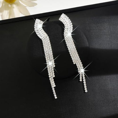 Gold Rhinestone Tassel Dangle Earrings for Women,Long Sparkly Crystal Statement Earring,Trendy Bridal Wedding Prom Jewelry Accessories - color: Silver
