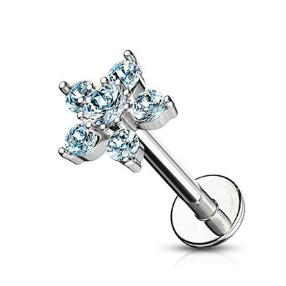 Forbidden Body Jewelry 16g 6-8mm Internally Threaded Surgical Steel Cartilage/Tragus/Labret/Monroe Stud w/Double Tier Floral Top - style: Aqua/Clear