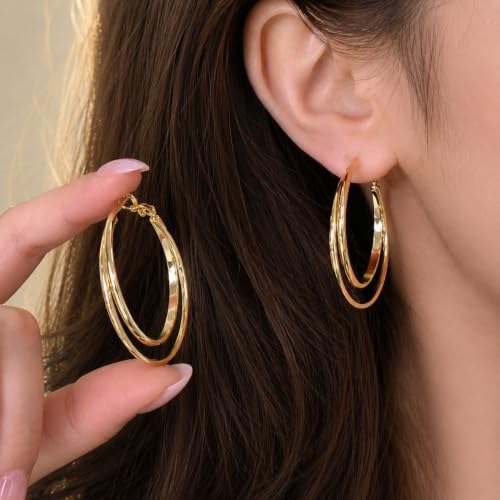 Double Hoop Earrings for Women Double Oval Gold and Silver Tone Statement Hoops for Party Vacation Outfits Birthday Gift - color: A2:gold