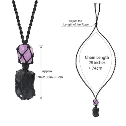 Anjiucc Handmade Crystal Cage Holder with Raw Gemstone Pendant Necklace Natural Stone Healing Crystal Necklace Adjustable Length - color: Tourmaline+Amethyst