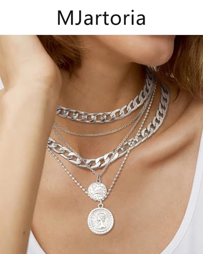 MJartoria Layered Necklaces for Women Trendy Retro Coin Pendant | Dainty Chunky Chain, Choker Necklaces, Jewelry Birthday Gifts - color: Silvery, style: A-Retro Coin-5 in 1 Layered