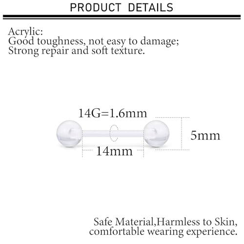 16G 14G Plastic Nipple Piercing Tongue Rings Flexible Acrylic Straight Tongue Ring Nipple Barbell Pregnancy Belly Ring Retainer Piercing Jewelry for Surgery Sport Women Men - color: Clear-14G(1.6mm)-14mm Bars/5mm Balls