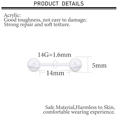 16G 14G Plastic Nipple Piercing Tongue Rings Flexible Acrylic Straight Tongue Ring Nipple Barbell Pregnancy Belly Ring Retainer Piercing Jewelry for Surgery Sport Women Men - color: Clear-14G(1.6mm)-14mm Bars/5mm Balls