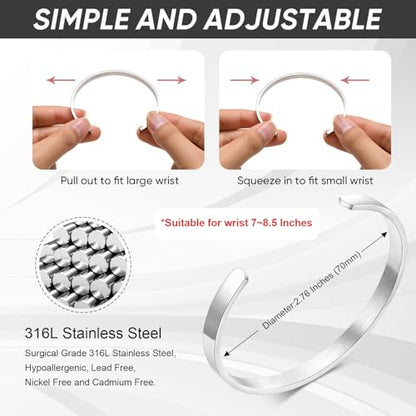 Stainless Steel Mens Cuff Bracelet : Minimal Cool Silver/Black/Gold Plated Open Metal Cuff Bangle Bracelets for Men,Mens Bracelet Jewelry Gift - color: Silver-Single, size: Large( fit 7" to 8.5" wrist)