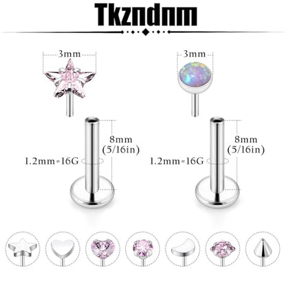 Threadless Noses Rings, Flat Back Earrings, 20/18/16g-Gauge 5/16in-Post 3mm-Top, Hypoallergenic Surgical Steel Medusa Lip Labret Cartilage Helix Tragus Conch Piercing Jewelry for Women Men - color: Pink, size: 16g*8mm
