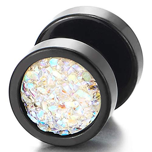 10mm Women Mens Black Circle Stud Earrings Black Glitter, Steel Cheater Fake Ear Plugs Gauges Tunnel - color: Metal color: Black; Stone color: Colorful-02