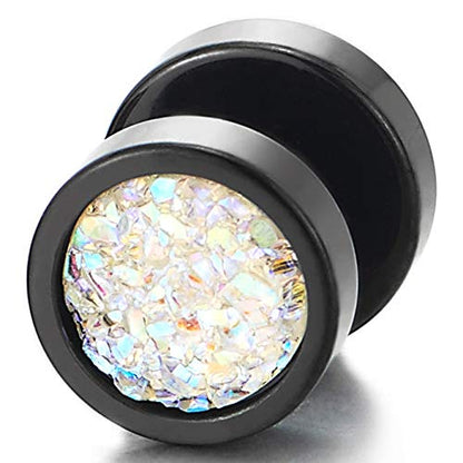 10mm Women Mens Black Circle Stud Earrings Black Glitter, Steel Cheater Fake Ear Plugs Gauges Tunnel - color: Metal color: Black; Stone color: Colorful-02