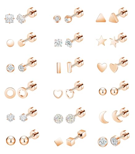 18Pairs 20G 18G Stainless Steel Tiny Stud Earrings for Women Cartilage Helix Earrings Ball Star CZ Earrings - color: Rose Gold, size: 20G