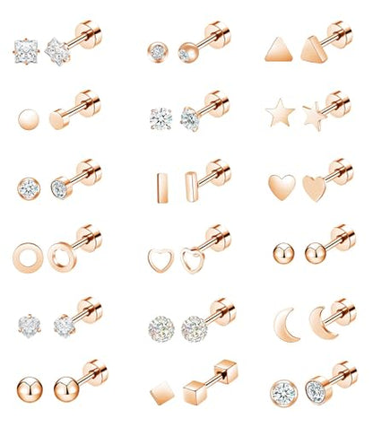 18Pairs 20G 18G Stainless Steel Tiny Stud Earrings for Women Cartilage Helix Earrings Ball Star CZ Earrings - color: Rose Gold, size: 20G