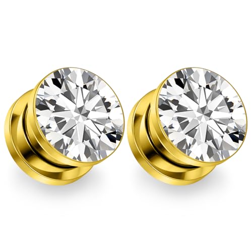 Astm F136 Titanium CZ Ear Gauges Screw Fit Flesh Tunnels Plugs Gauges Earring Expander Stretcher Ear Tunnels For Ears 10G 8G 6G 4G 2G 0G 00G Plug Earrings Body Piercing Jewelry For Women Men - color: 0G Gauges, Gold