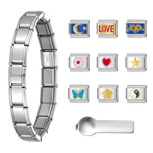 Stainless Steel Italian Charm Bracelet, 18 Link Starter Bracelet 9mm Charms | Italian Charm Bracelet with 9Pcs/20Pcs Charms and Opening Tools, Classic 9mm Modular Charm, Personalized Jewelry Gift - color: A-Silver