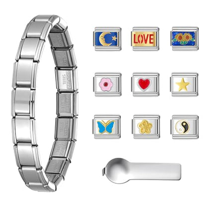 Stainless Steel Italian Charm Bracelet, 18 Link Starter Bracelet 9mm Charms | Italian Charm Bracelet with 9Pcs/20Pcs Charms and Opening Tools, Classic 9mm Modular Charm, Personalized Jewelry Gift - color: A-Silver