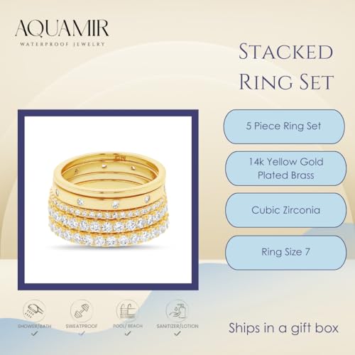 Waterproof Stacking Ring Set 14K Yellow Gold Plated Brass Cubic Zirconia Band Rings for Women Five Piece