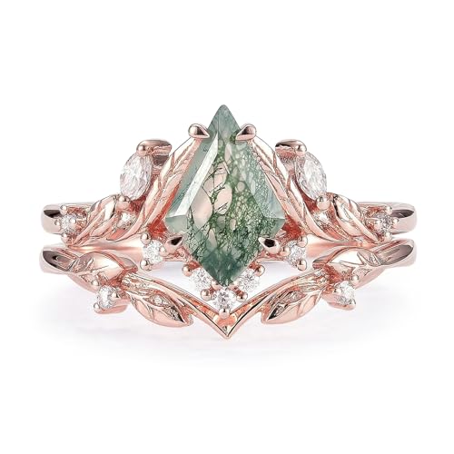 Natural Moss Agate Leafy Vintage Bridal Sets Wedding Rings for Women, 10K 14K 18K Solid Gold Kite-Cut Green Moss Agate and Moissanite Engagement Ring for Women Mother Her Jewelry Gift - color: 14-style14